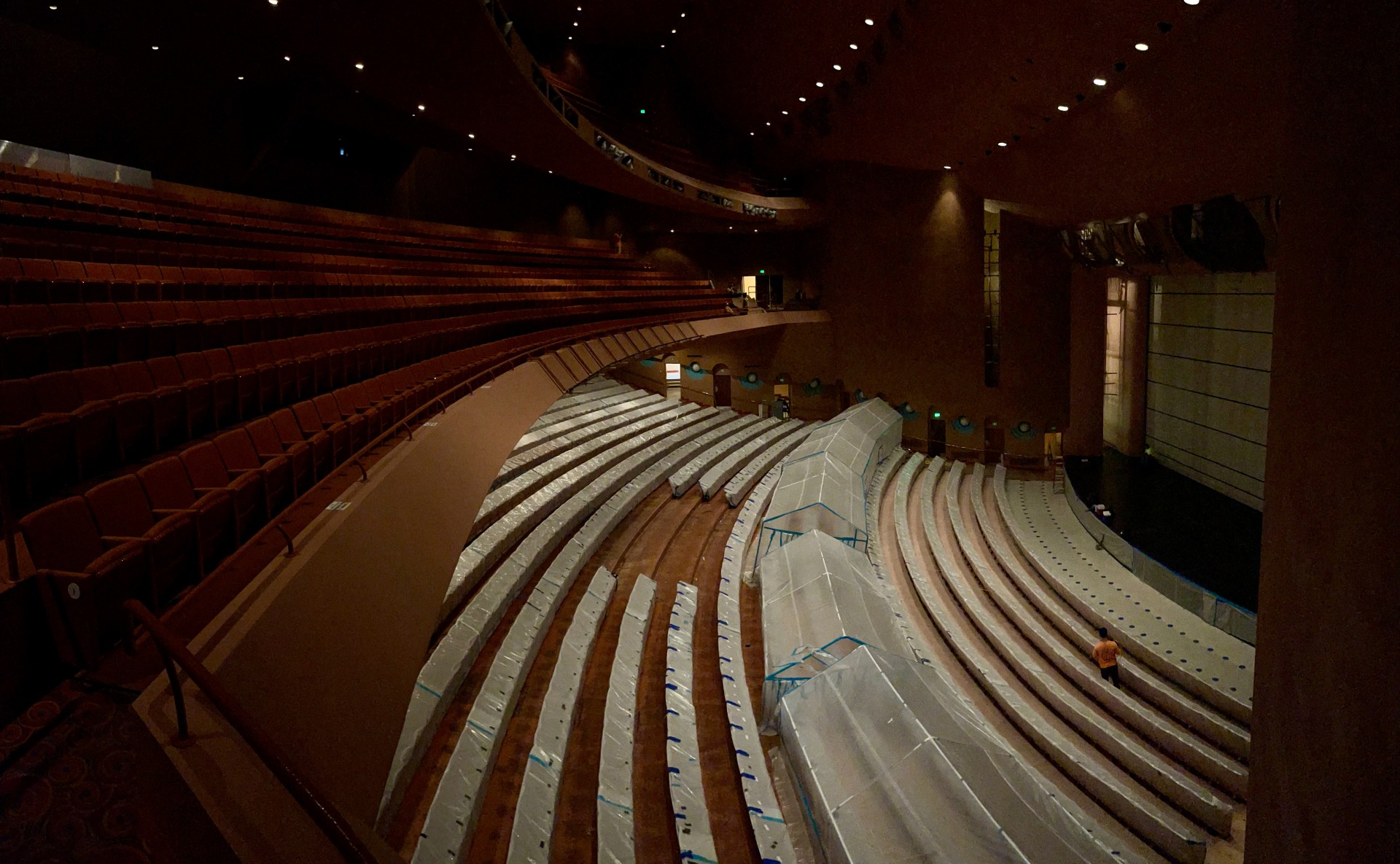 Dust containment and floor protection work inside ASU Gammage Auditorium